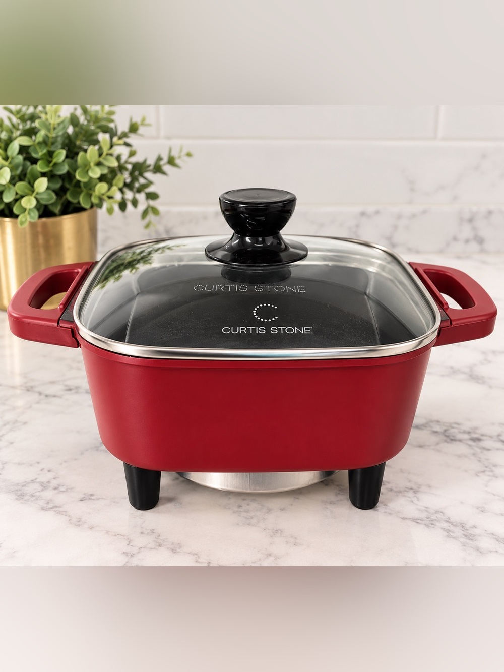 Curtis Stone 8” Dura-Pan Nonstick Square Electric Skillet Red w/ Lid & Temp Cont